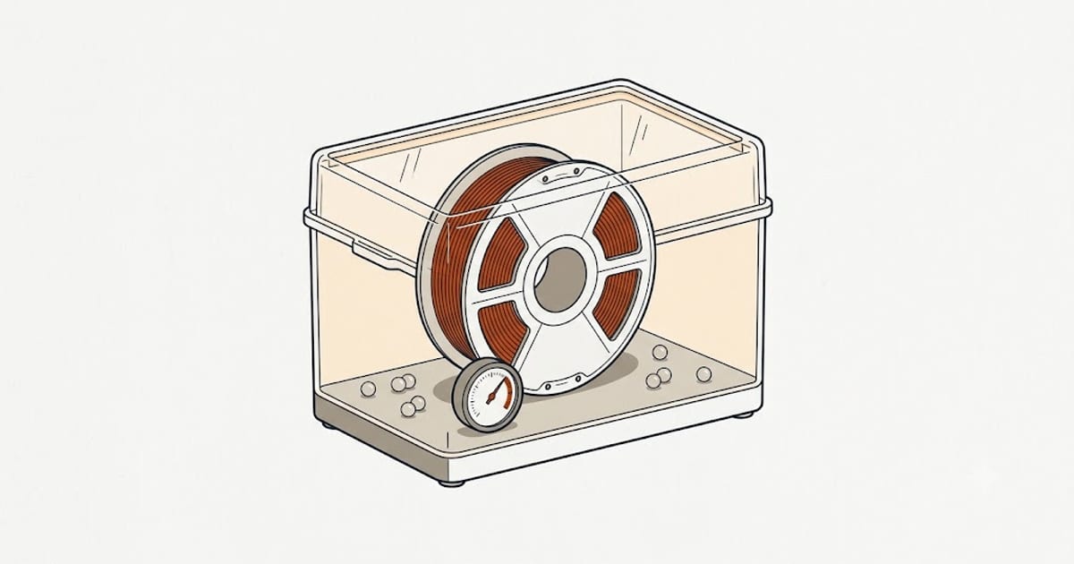 Filament spool inside a drying chamber with a humidity gauge