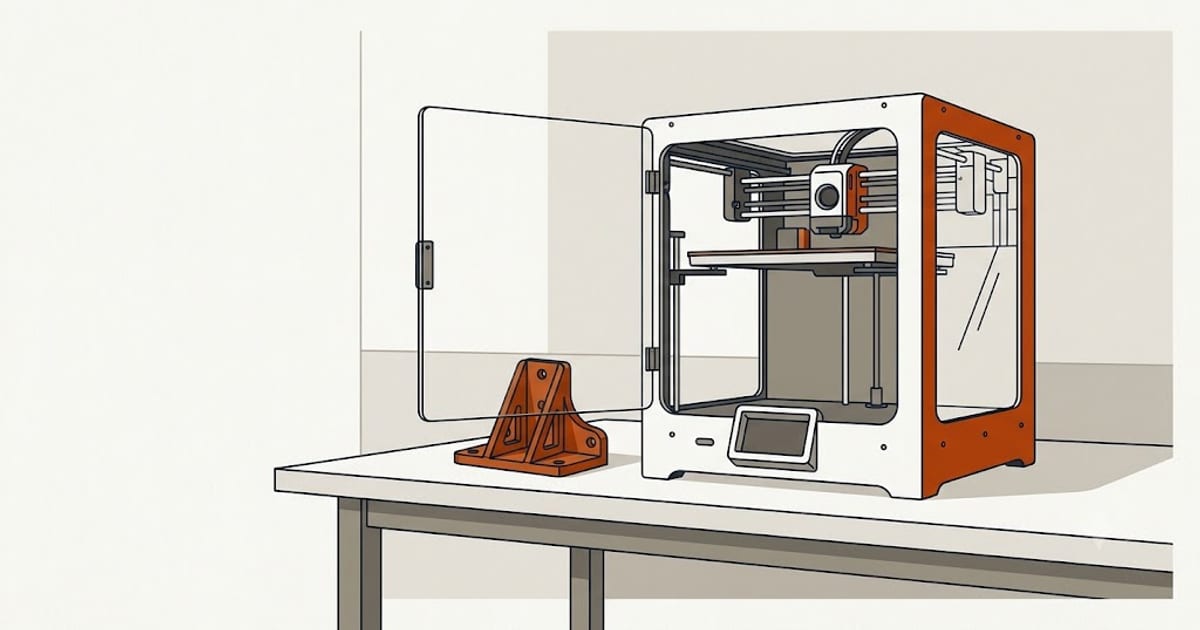 Printed part beside an open printer enclosure