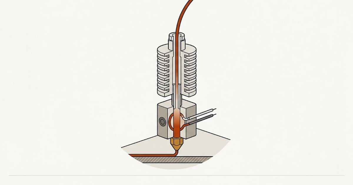 Cross-section illustration of a 3D printer hot end melting filament