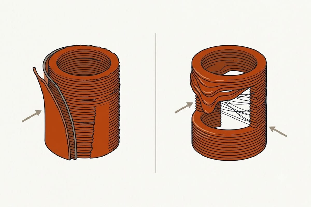 The same printed part at too low and too high a nozzle temperature